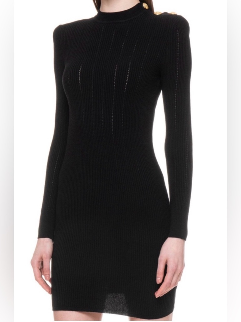 Balmain Mock-Neck Crochet
Ribbed-Knit Button-Shoulder Mini Black